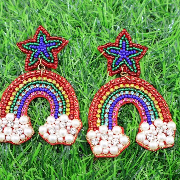 Star Rainbow Clouds Rhinestone Pearl & Seed Beaded Statement Earrings NEW - Picture 1 of 2